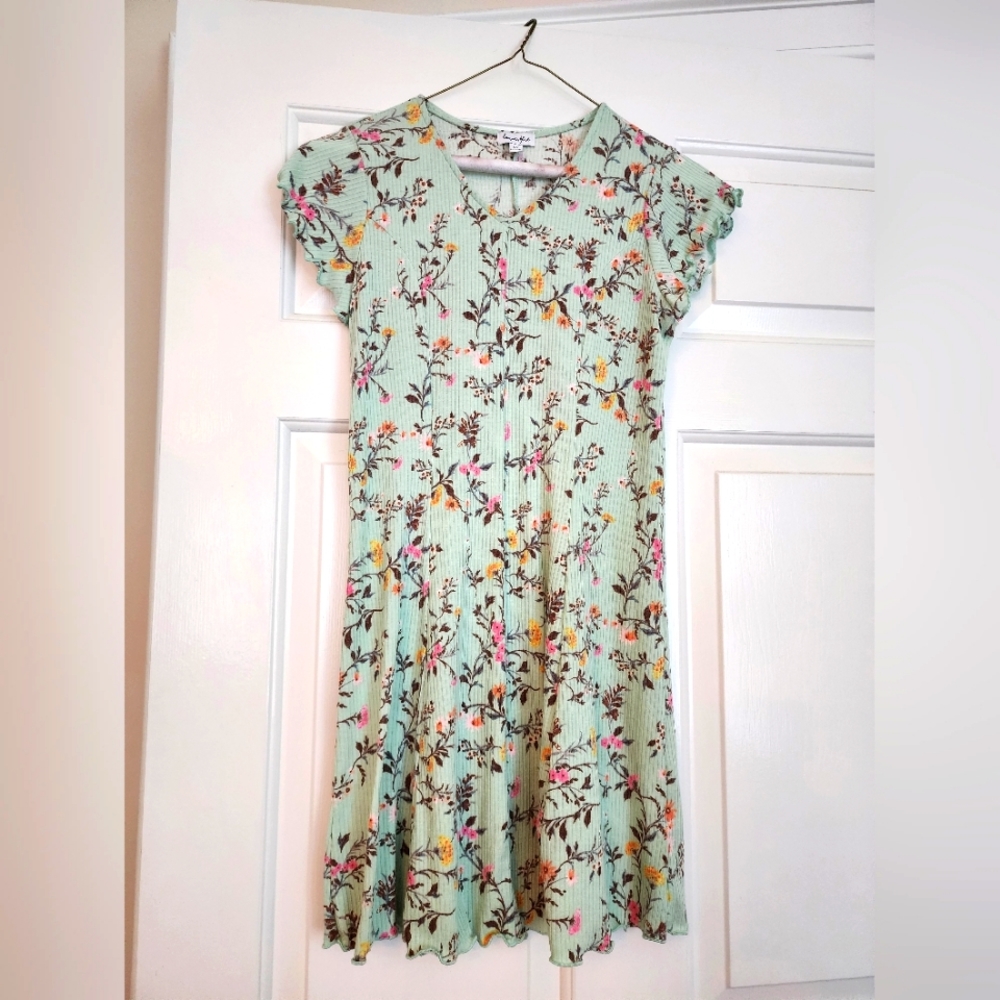 SOFT & SUMMERY Girls' Short Sleeve Floral Knit Dress (cool mint green, size L)